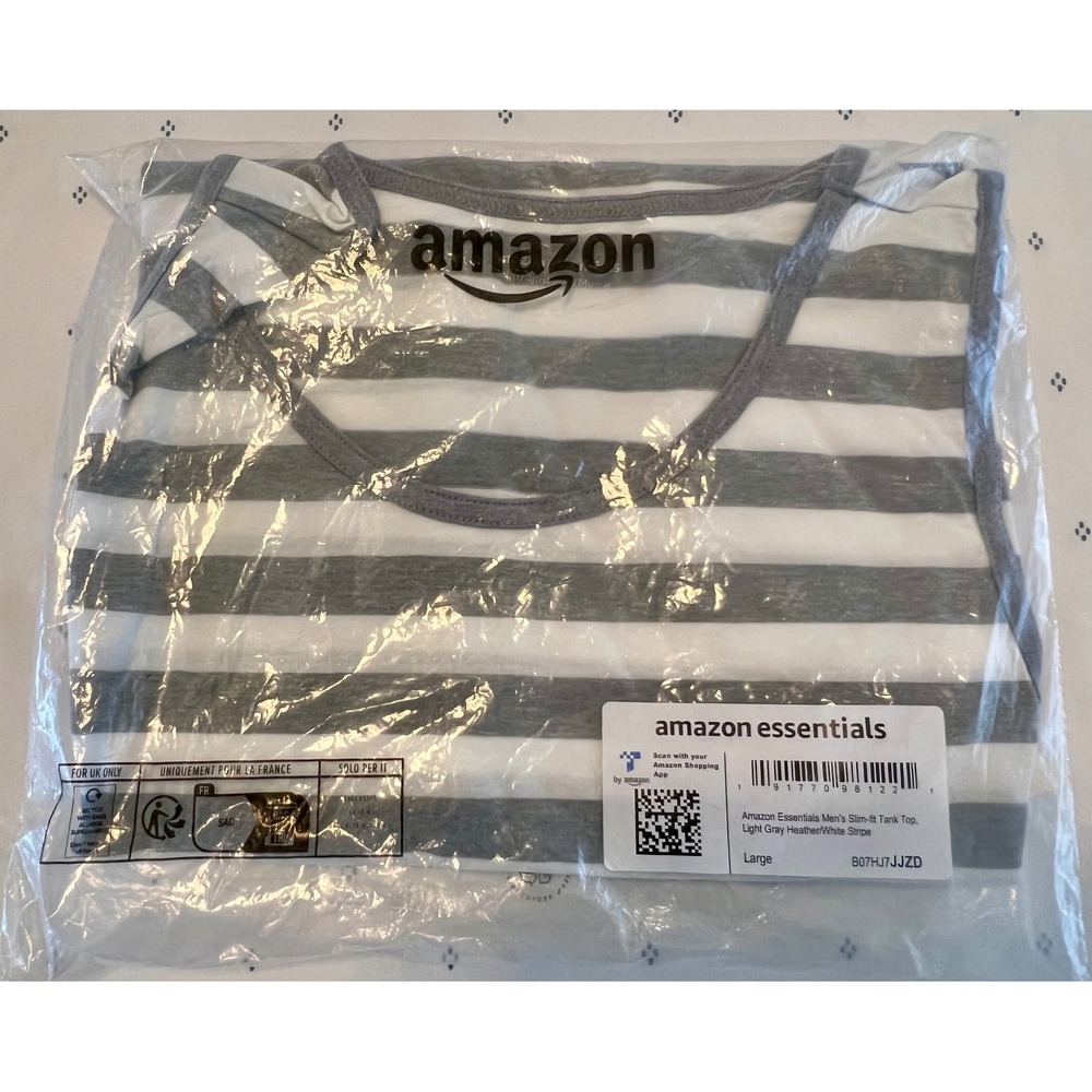 Amazon Essentials Men's Slim Fit Tank Top Light Gray White Stripe L New with tag